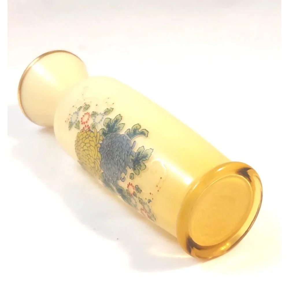 Vtg Hand Blown Golden Amber White Encased Glass Vase Hand Painted Flowers 8